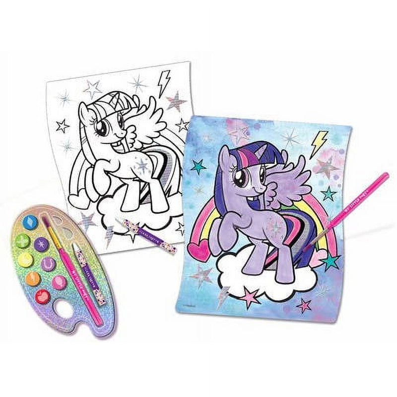 My Little Pony Watercolor Paintfolio Kit with 10 Sparkling Pony Posters 8 Shimmer Colors Removable Palette Brush & Clear Wax Crayon for Kids