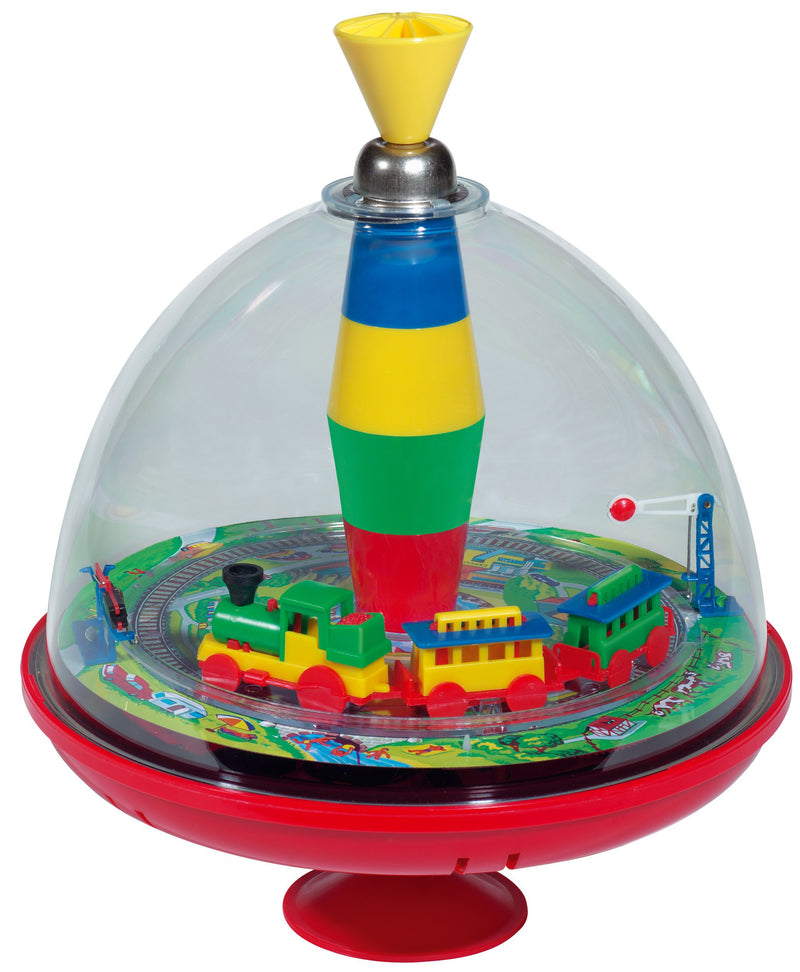 Lena 52120 tin Toys Panorama Ø19 cm, Plastic Humming, Classical Pump Mechanism, Musical Locomotive, Stand, Spinning top for Children from 18 Months, Colourful