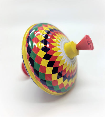 Classic Multicolour Spinning Tin Top Toy from KsmToys by Bolz. The Funny Buzzing Hum Gets Louder As The Top Spins Faster, 7.5" x 7.5" x 7.5" Ages 18 m+