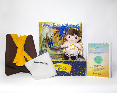 Miracle In A Manger Gift Set - Baby Jesus, a manager, hay, a blanket, and storybook