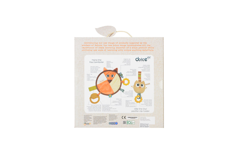 Dolce Fiona the fox comforter and Ollie the owl pacifier clip holder